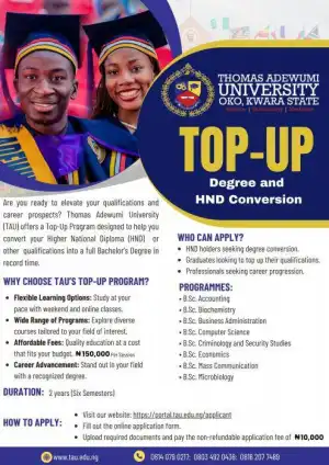 Thomas Adewumi University HND conversion/ B.Sc. Top-Up programme, 2024/2025