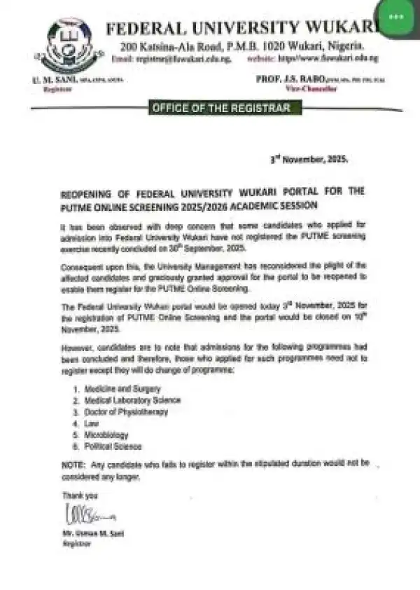 Federal University reopens portal for 2025/2026 undergraduate admission