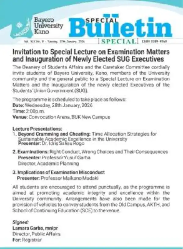 BUK announces special lecture on examination matters, inauguration of new SUG executives