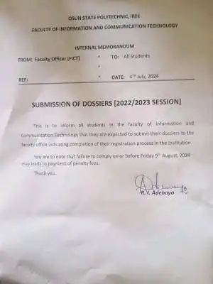 OSPOLY notice to Faculty of Info & Comm. Tech. students on submission of dossiers