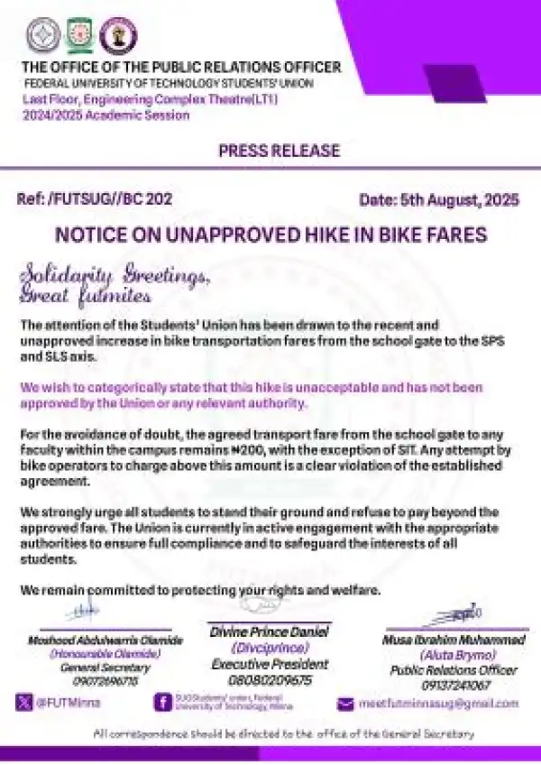 FUTMINNA SUG notice on unapproved hike in bike fares within the campus