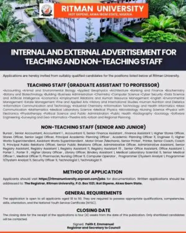 Ritman University announces Teaching and Non-Teaching staff vacancies