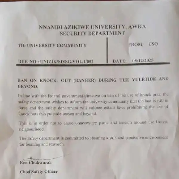UNIZIK security department issues ban on Knock-Outs (Bangers) During Yuletide and Beyond