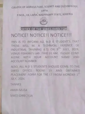 College of Agriculture Science and Tech. Lafia issues important notice to ND I & II students
