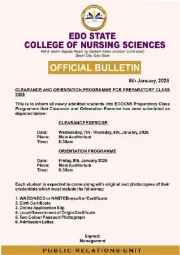 Edo State College of Nursing notice on orientation & clearance for preparatory Class programme