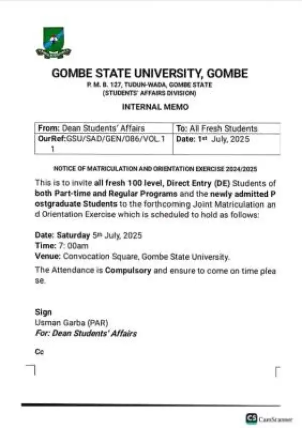 GOMSU announces orientation/matriculation ceremony, 2024/2025