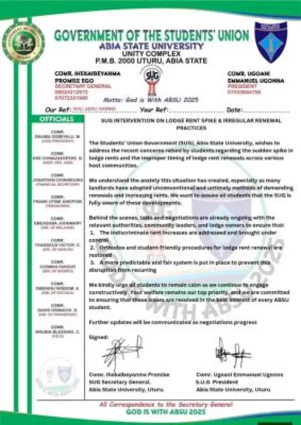 ABSU SUG promises to address rent hike & irregular demand for renewal