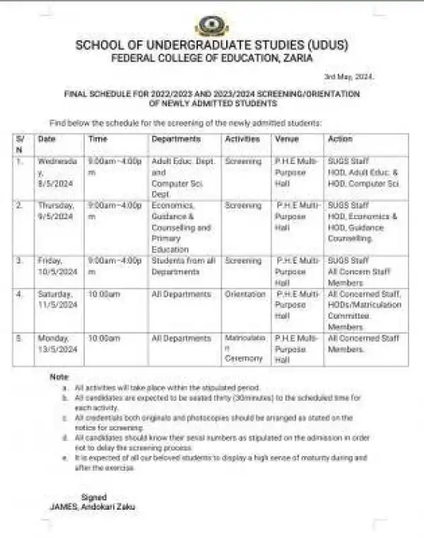 FCE Zaria final schedule for 2023/2024 screening and orientation of new degree students