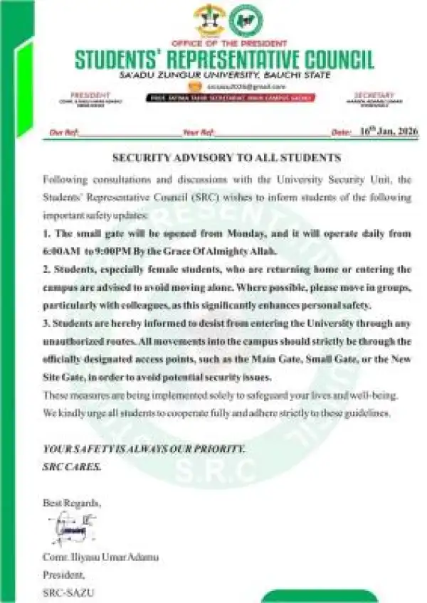 SAZU Students Council security advisory to students