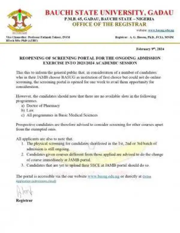 BASUG reopening of screening portal for ongoing admission exercise, 2023/2024