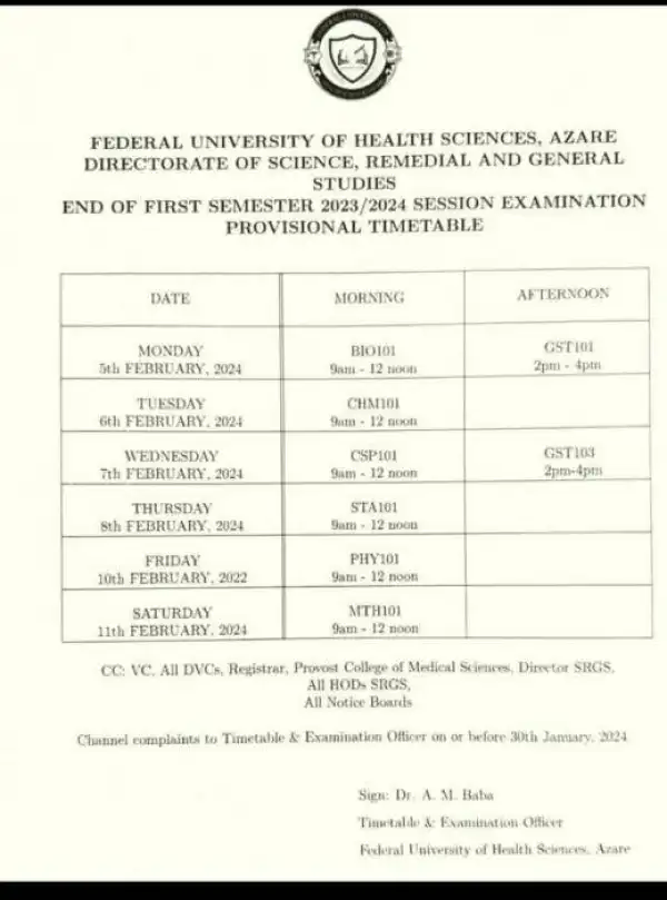 FUHSA end of first semester examination timetable, 2023/2024