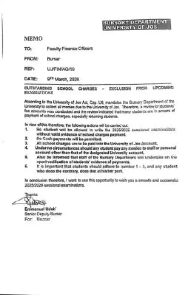 UNIJOS notice on outstanding school charges ahead of examinations