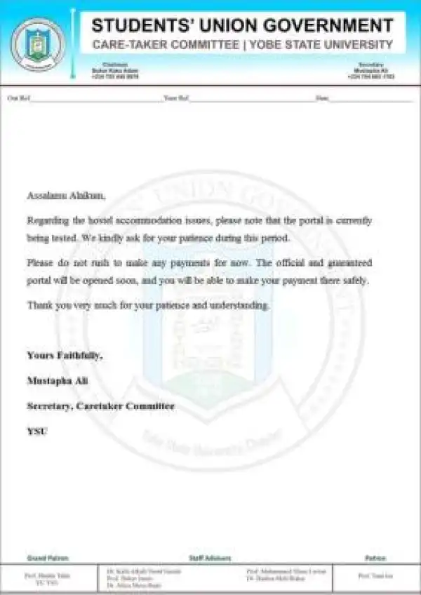 YSU SUG notice on hostel accommodation portal