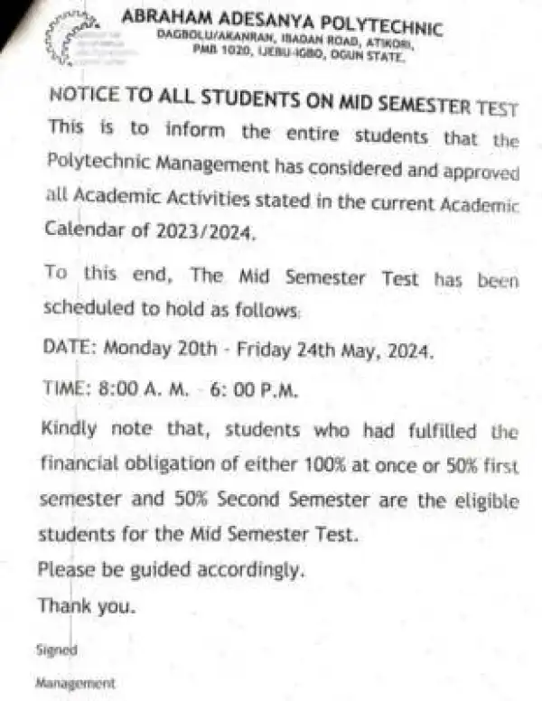 Abraham Adesanya Poly notice to all students on mid-semester test