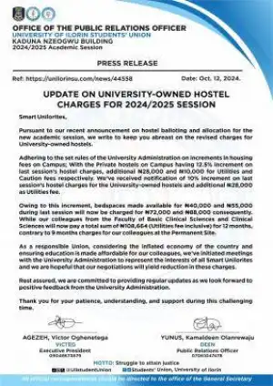 UNILORIN update on university-owned hostel charges for 2024/2025 session