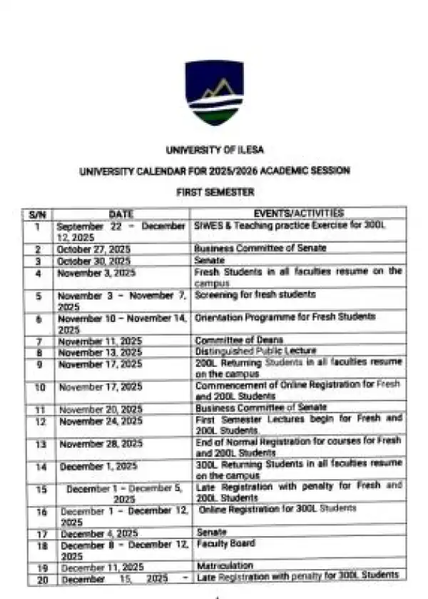 UNIILESA approved academic calendar for 2025/26 SESSION