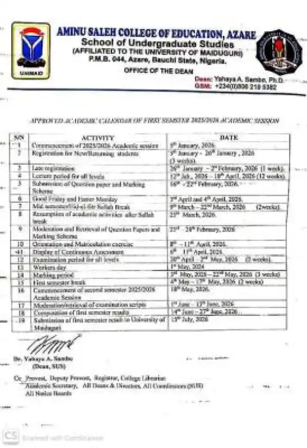 Aminu Saleh College of Education, Azare affiliated to UNIMAID Academic Calendar, 2025/2026