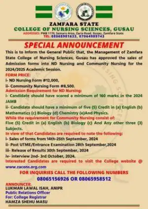 Zamfara College of Nursing Sciences ND Nursing/Community Nursing form, 2024/2025