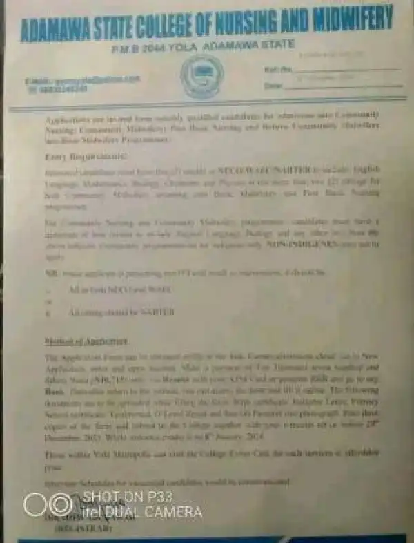 Adamawa State College of Nursing and Midwifery admission, 2023/2024 (Stream C)
