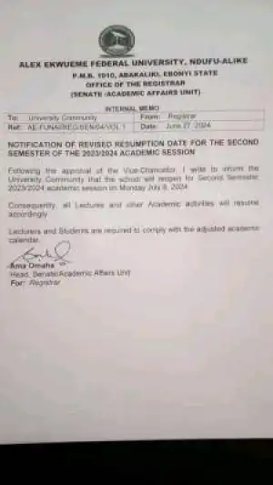 FUNAI notice on revised resumption date for 2nd semester, 2023/2024