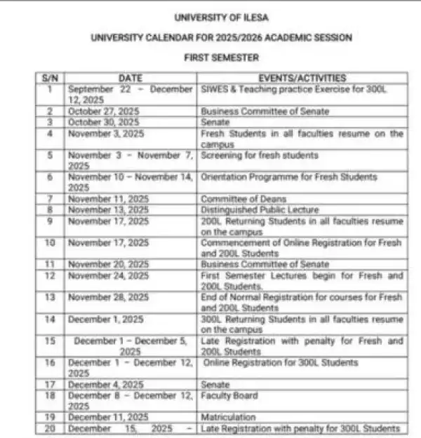 UNILESA releases approved academic calendar, 2025/2026