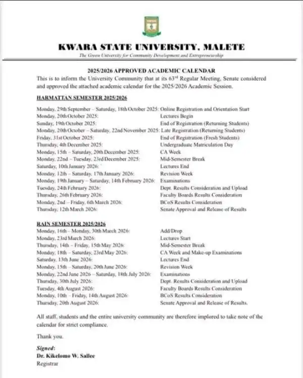 KWASU approved academic calendar for 2025/2026 session