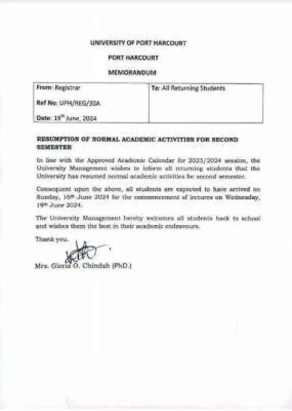 UNIPORT notice to returning students on resumption for second semester, 2023/2024 session