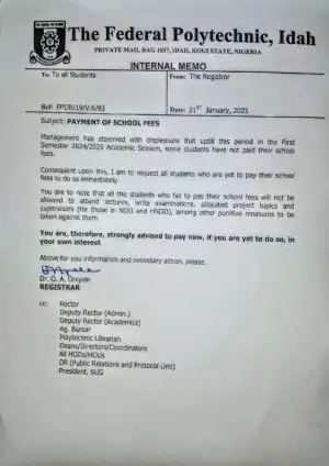 Idah Poly notice on payment of school fees