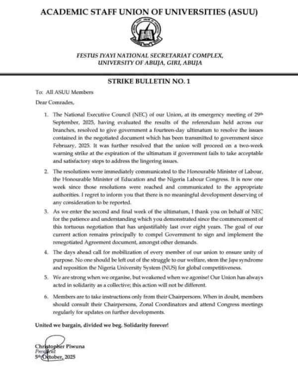 ASUU mobilizes members for a two-week warning strike beginning October 13
