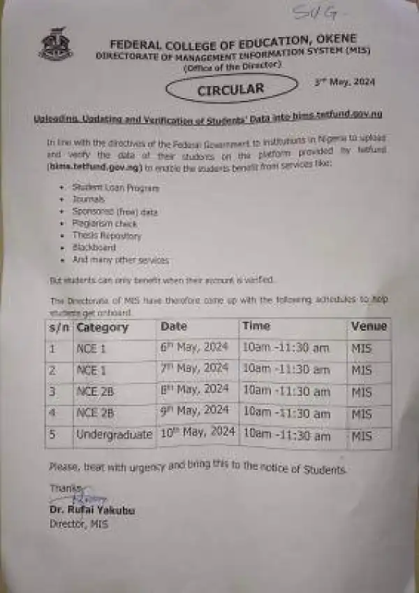 FCE Okene notice on uploading of students