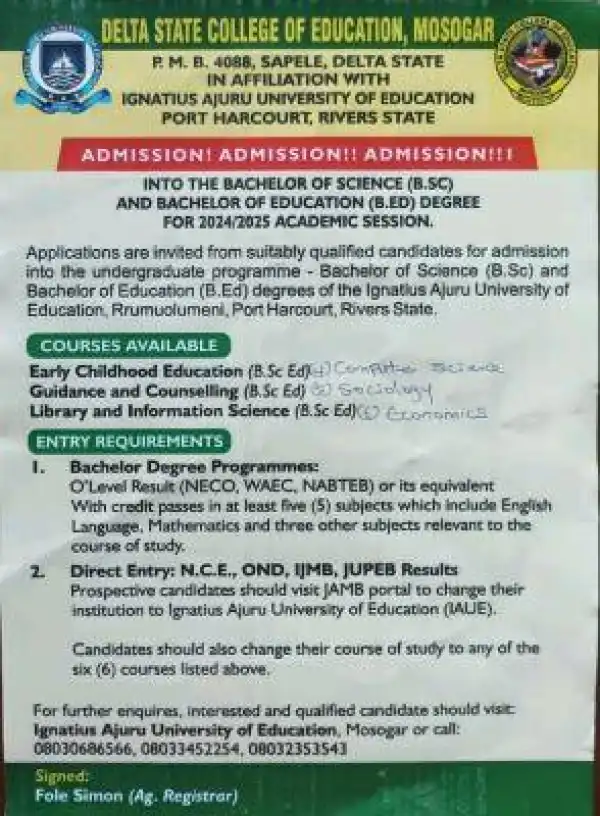 Delta State COE, Mosogar degree admission, 2024/2025