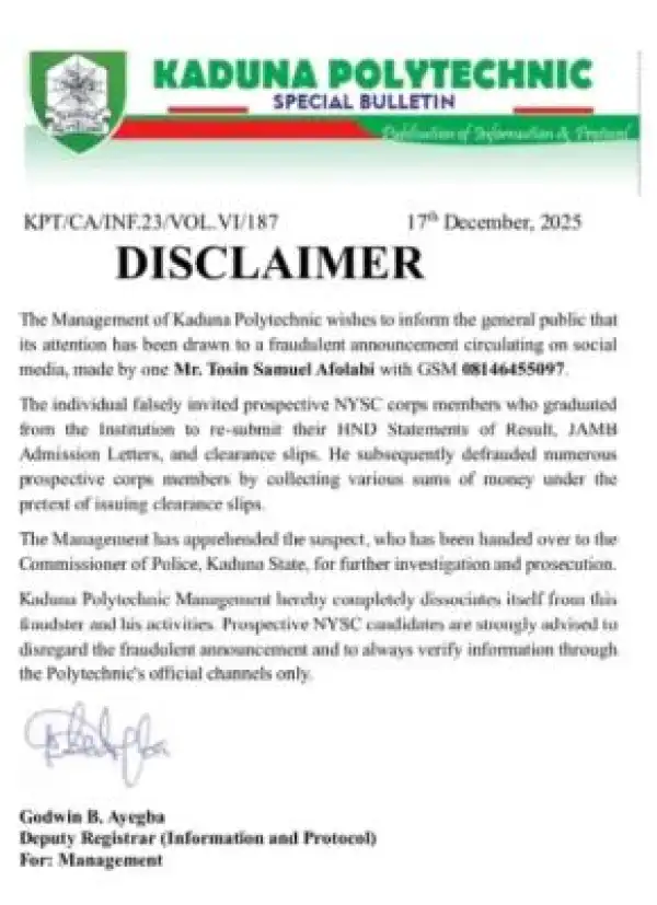 Kaduna Polytechnic disclaimer notice to prospective corps members