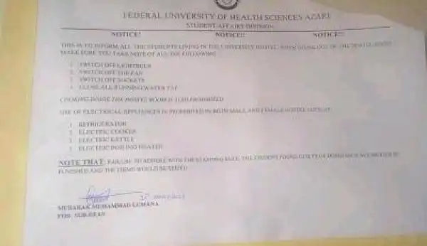 Federal University of Health Sciences, Azare notice to students