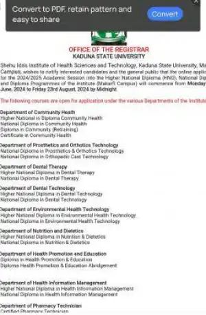 Shehu Idris Institute of Science and Technology, Kaduna Admission, 2024/2025
