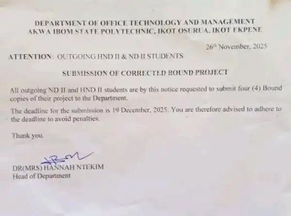 Akwa Ibom Poly Dept. of Office Technology and Mgt, notice on project submission