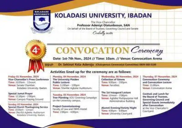 Koladaisi University announces 4th convocation ceremony