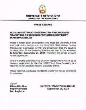 UNIUYO extends Post UTME/DE registration deadline, 2024/2025