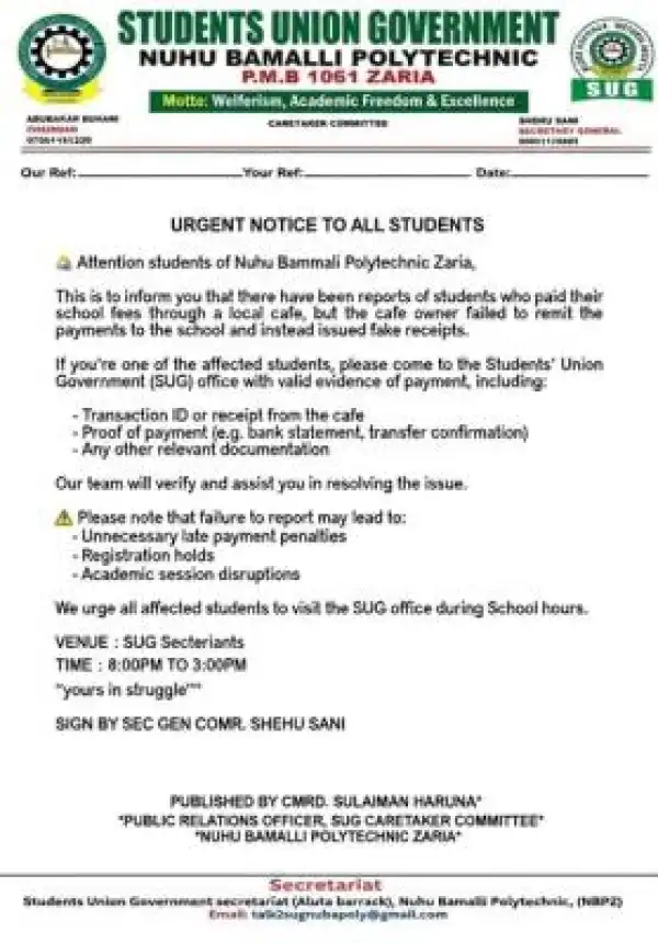 Nuhu Bamalli Polytechnic SUG urgent notice to students