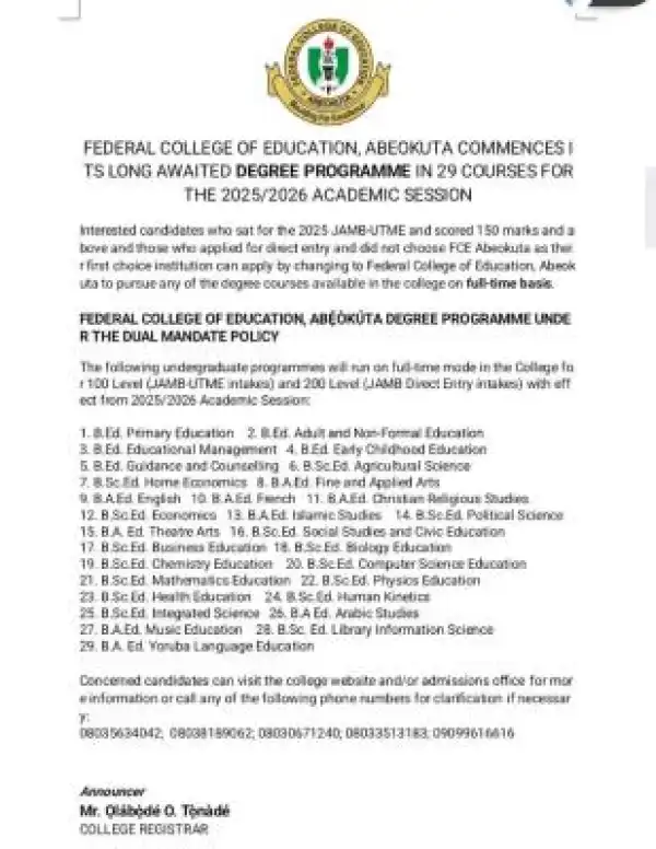 Federal College of Education, Abeokuta Commences Degree Programme
