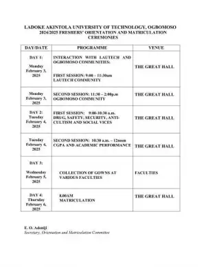 LAUTECH schedule for orientation and matriculation, 2024/2025