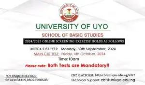 UNIUYO school of basic studies notice of online screening