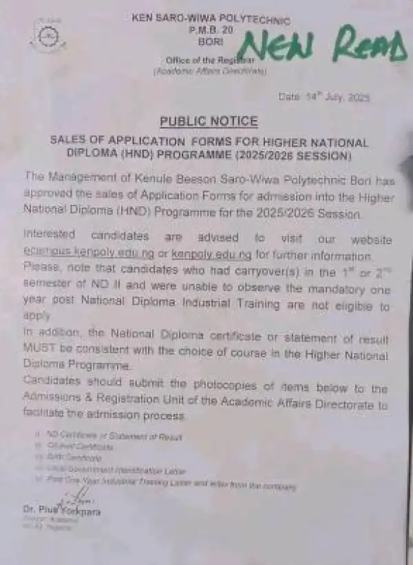 KENPOLY announces HND admission, 2025/2026