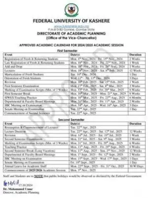 FUKashere releases academic calendar, 2024/2025