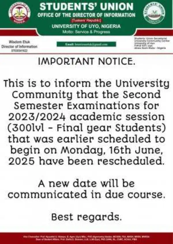 UNIUYO notice on postponement of exams