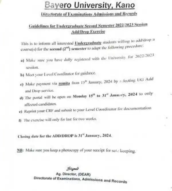 BUK guidelines for undergraduate 2nd semester 2022/2023 session Add/Drop exercise