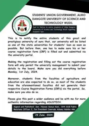 ADUSTECCH SUG issues important notice to students regarding students