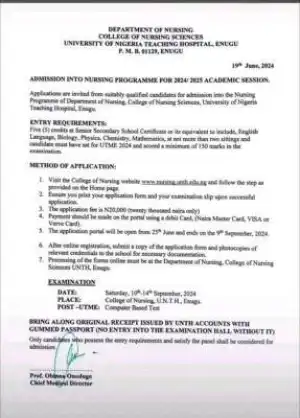 University of Nigeria Teaching Hospital, Enugu Nursing programme Admission form, 2024/2025