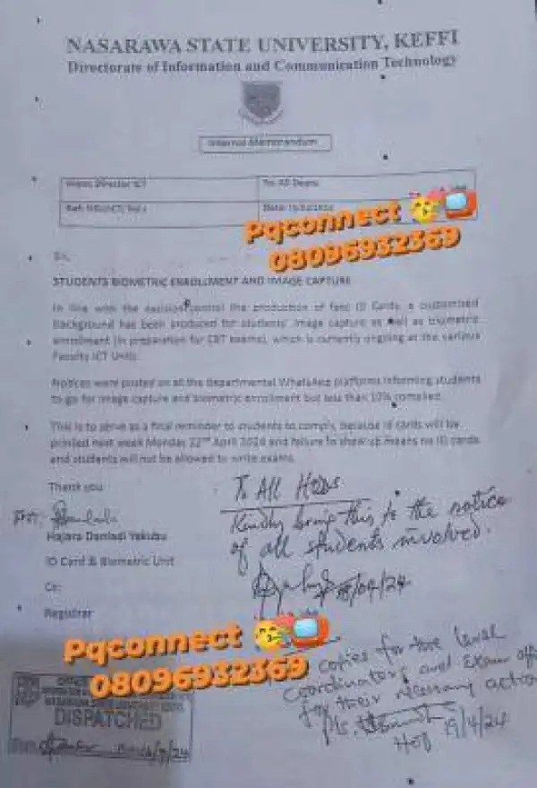 NSUK notice on students biometric enrollment and image capture