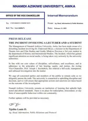 UNIZIK management responds to incident involving a Lecturer and a Student