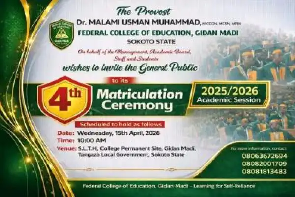 Federal College of Education, Gidan Madi announces 4th matriculation ceremony